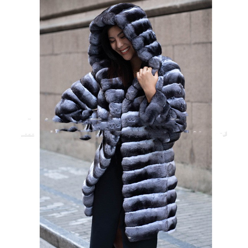 Faux Mink Mid-Length Hooded Coat (Gray/Black) Plus Sizes Available