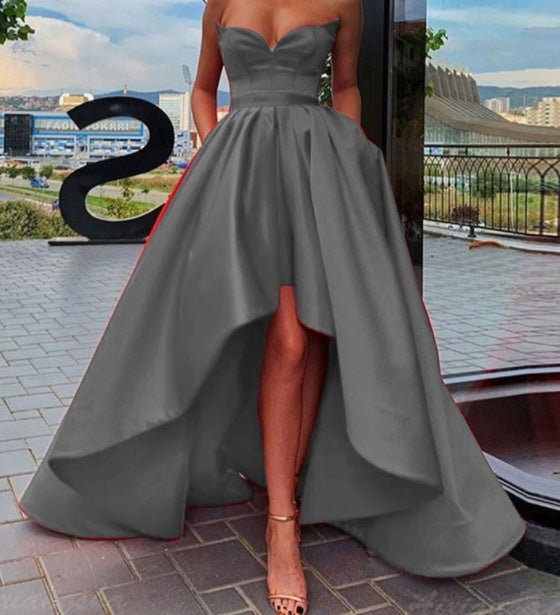 Satin Strapless High Front Long Evening Dress (Multiple Colors)