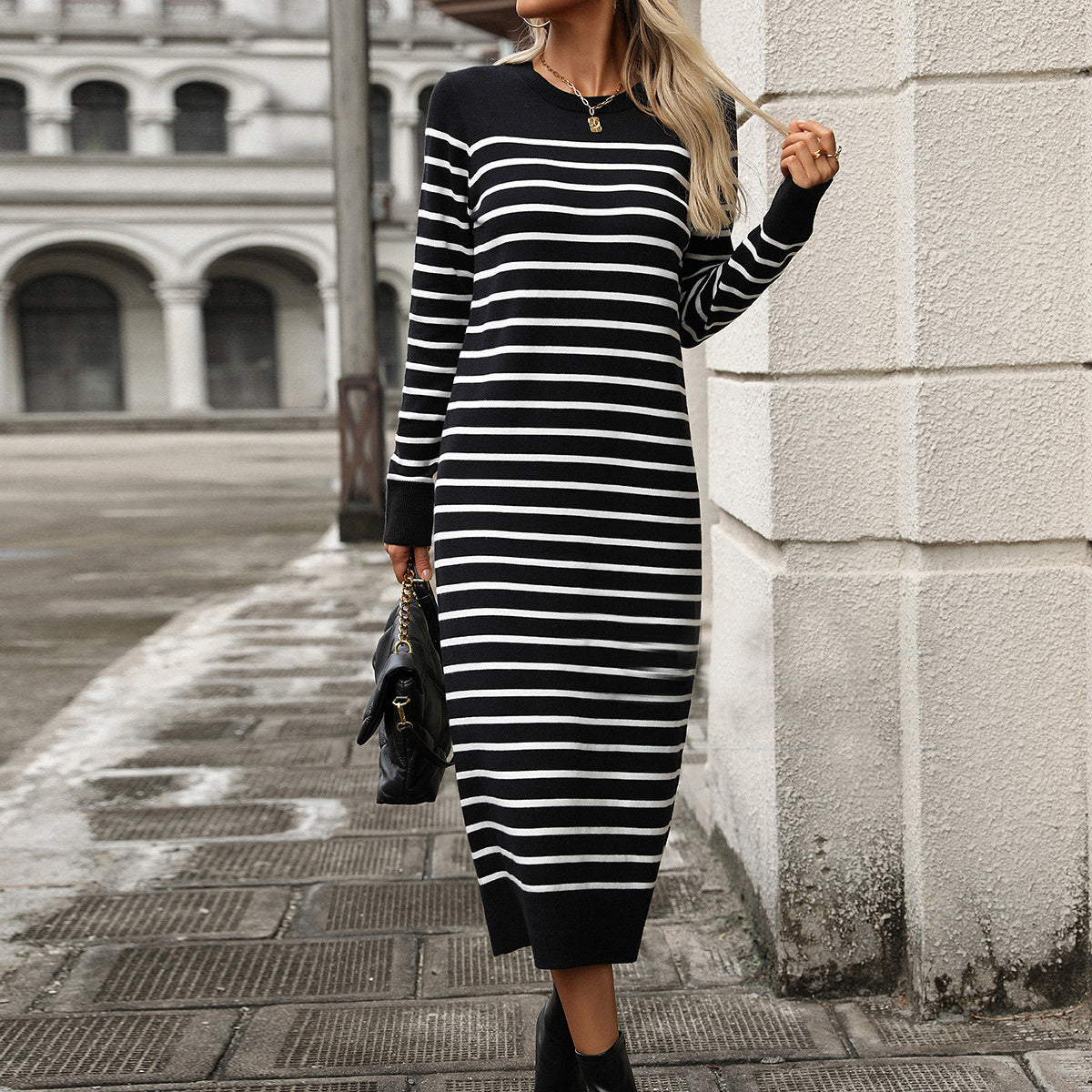 Slim Striped Printed Long Knit Dress (Multiple Colors)