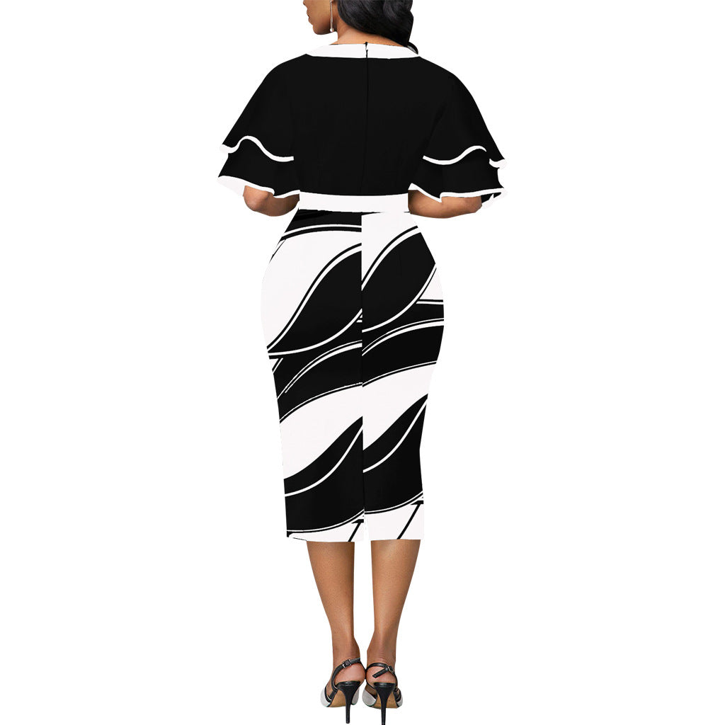 Black & White Graphic Skirt Dress w/Spanish Style Flutter Sleeve and Bow Neck