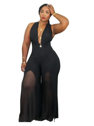 Plus Size Low Cut Sleeveless Sheer Pant Leg Pant Suit (Multiple Colors)