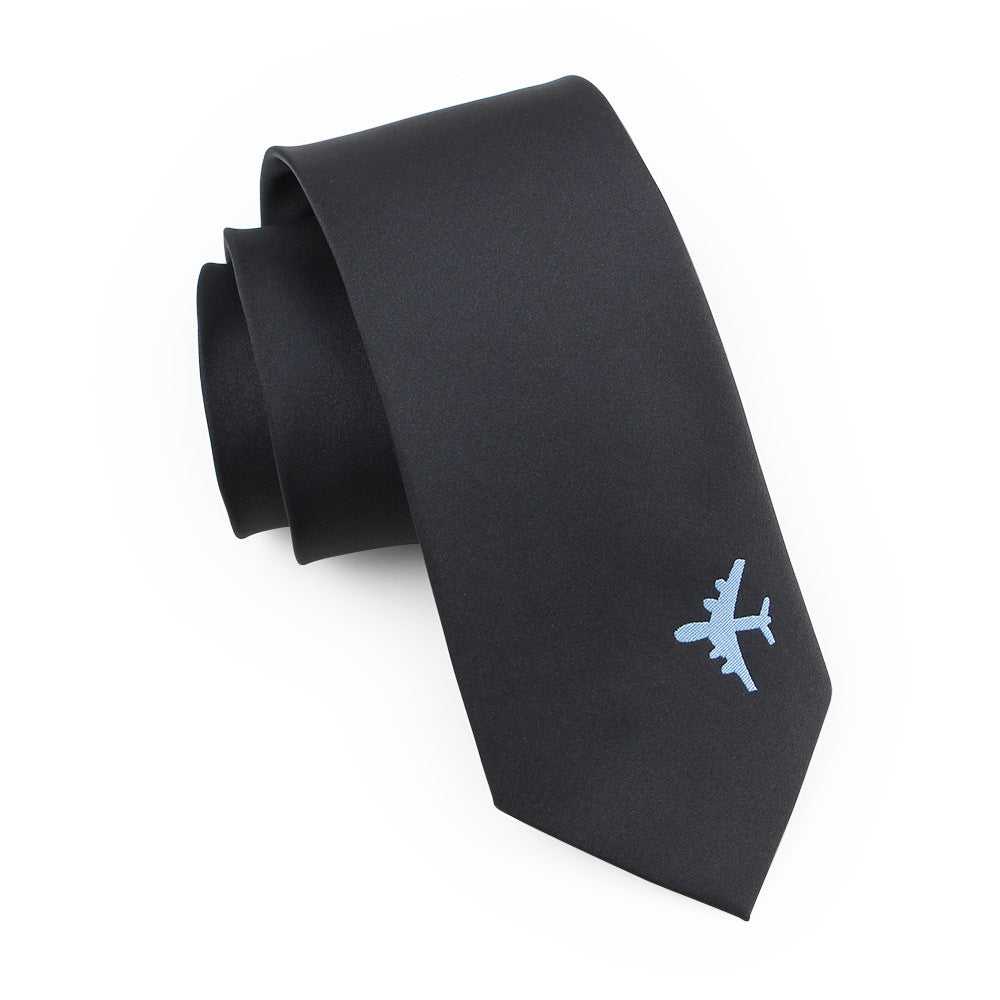 Yarn-dyed Jacquard Men's Tie w/Embroidered "Plane" Detail (Black)