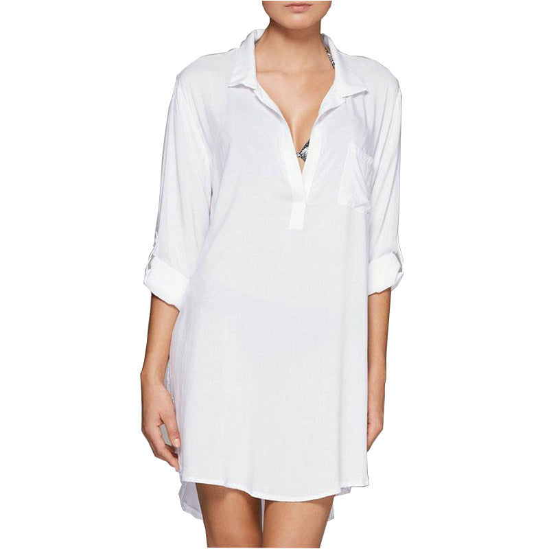 Women's Beach Cover-Up Shirt Dress (White)