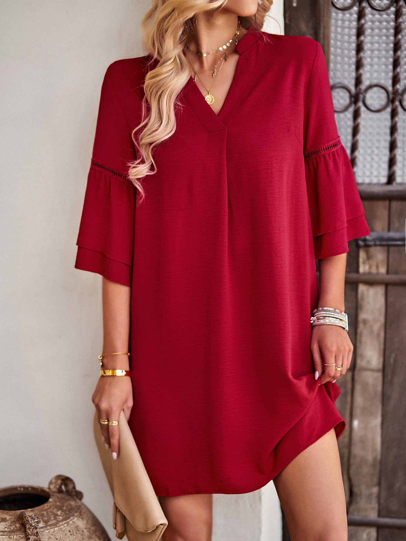 Bohemian Loose V-neck Flutter Sleeve Short Dress (Multiple Colors)