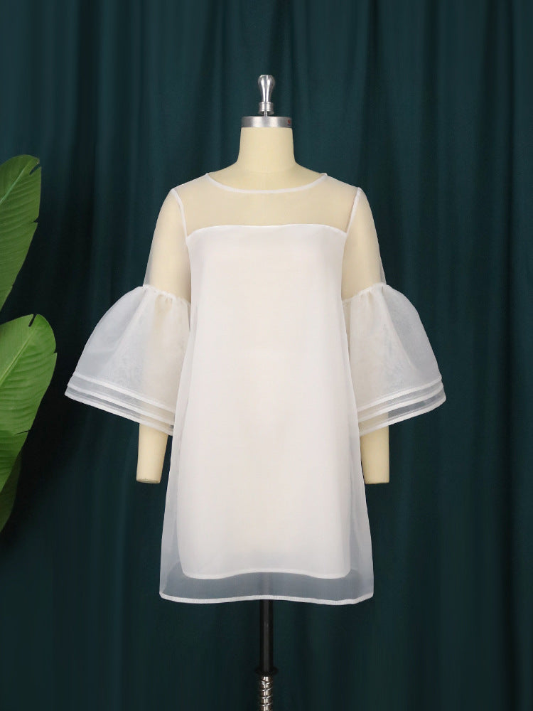 Womens Bell Sleeve Mesh Detail Dress (White)