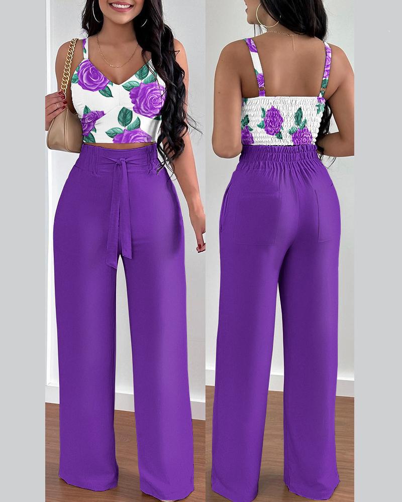 Two-piece Crop Top and High Waisted Wide Leg Pant Set (Multiple Colors/Patterns)