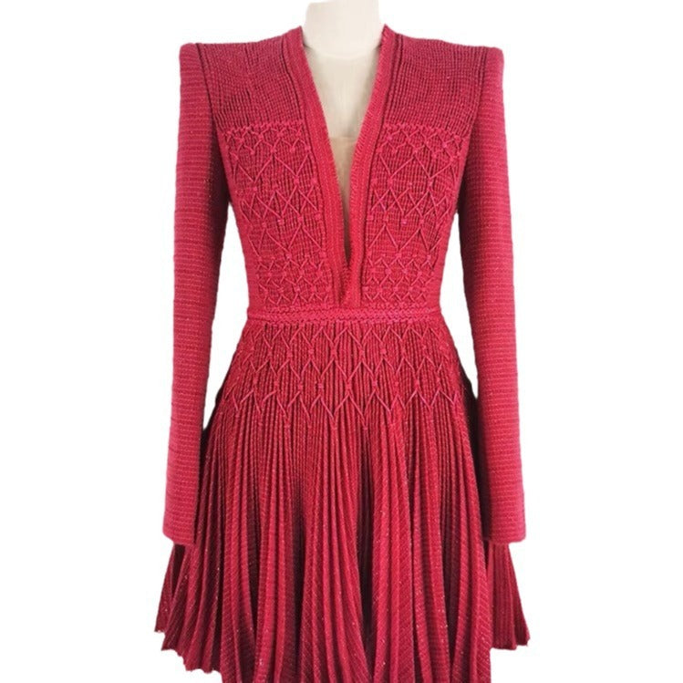 Special Design Long Sleeve Hand-knitted Rope Pleated V-neck Dress (Multiple Colors)