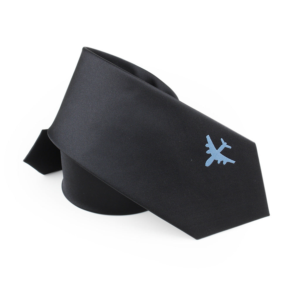 Yarn-dyed Jacquard Men's Tie w/Embroidered "Plane" Detail (Black)