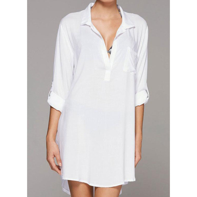 Women's Beach Cover-Up Shirt Dress (White)