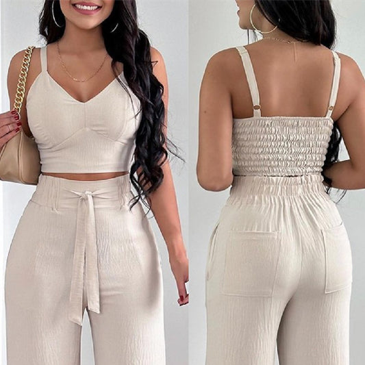 Two-piece Crop Top and High Waisted Wide Leg Pant Set (Multiple Colors/Patterns)