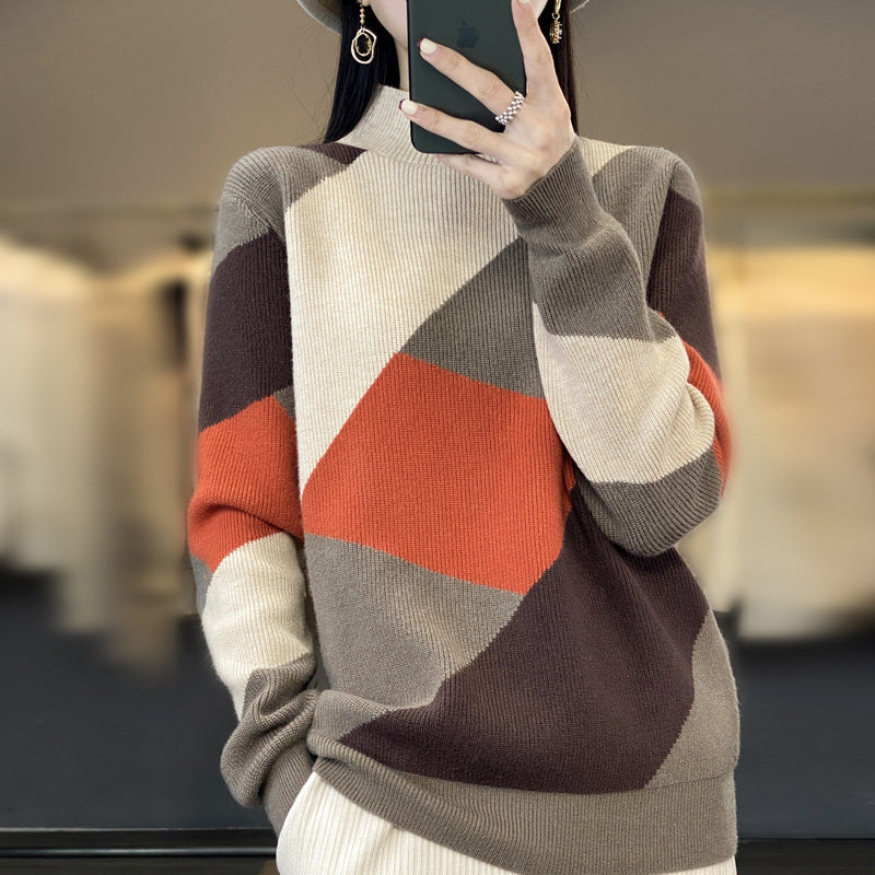 Fall Long Sleeve Half Turtleneck Loose Diamond Color Matching Knitted Sweater (Multiple Colors)