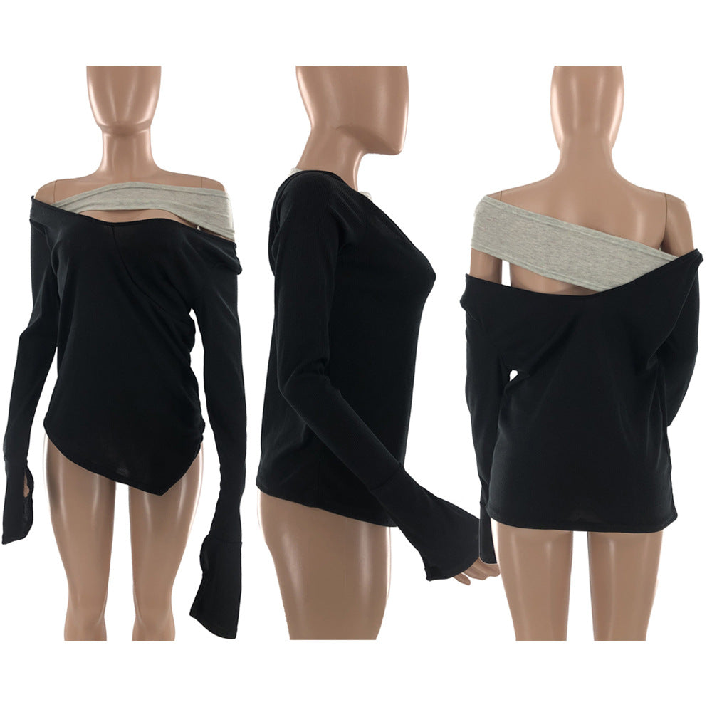 One Shoulder Patchwork Contrast Top w/Elongated Sleeves (Multiple Colors)