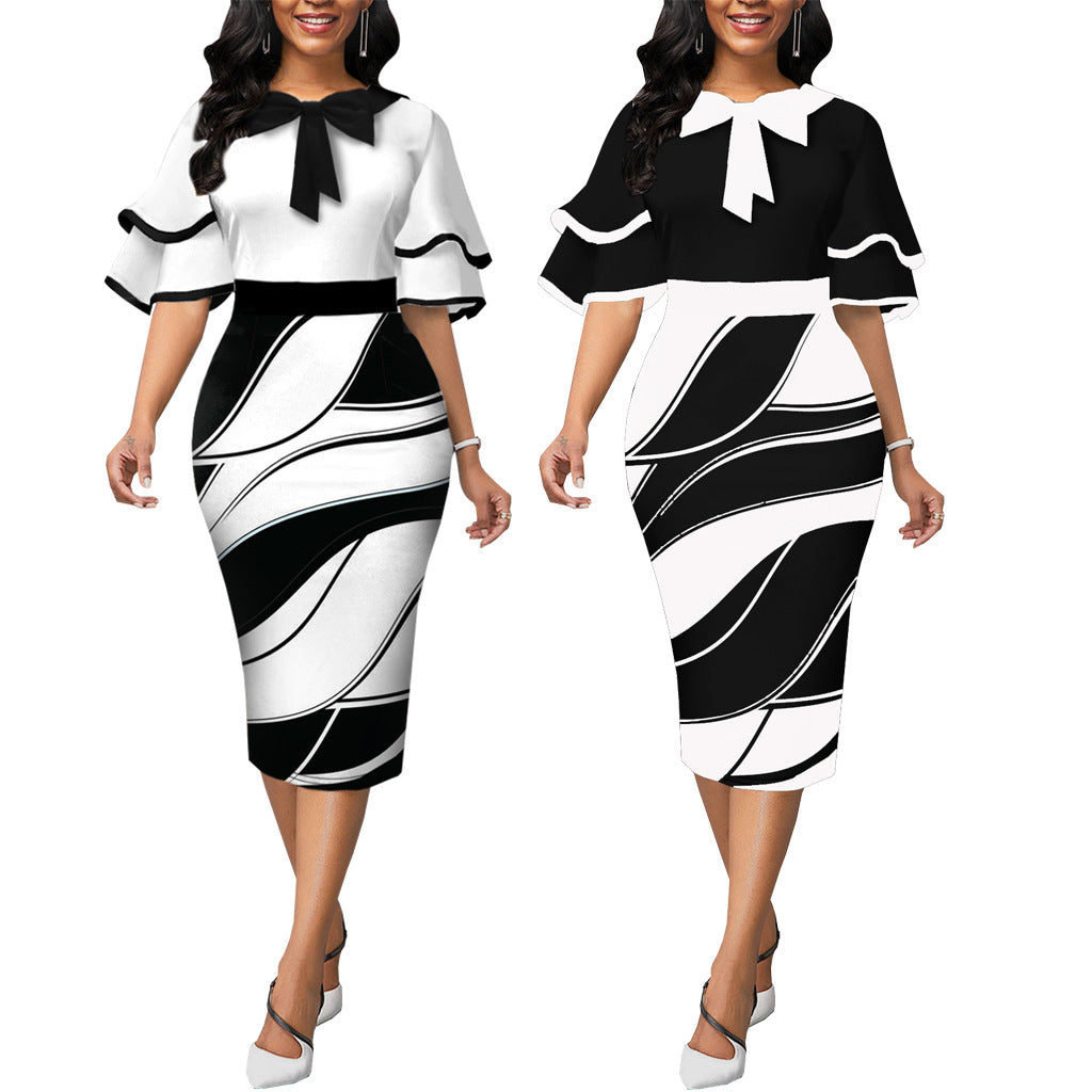 Black & White Graphic Skirt Dress w/Spanish Style Flutter Sleeve and Bow Neck