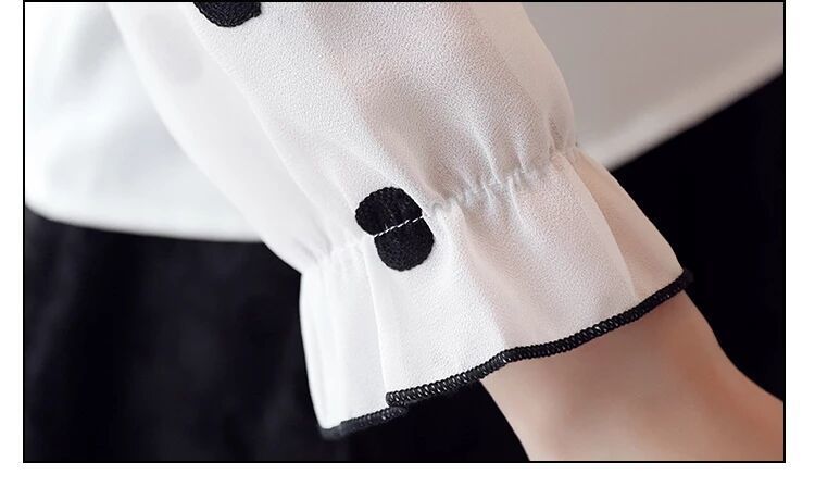 Lace Detail Chiffon Polk-A-Dot Sleeve with Ruffle Cuff Blouse (Multiple Colors)