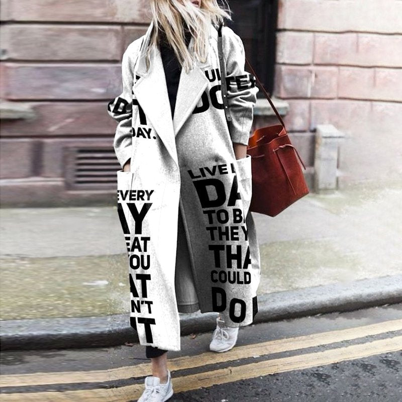 Fall Winter Elegant Women Fashion Lapel Collar Button Graphic Long Coat