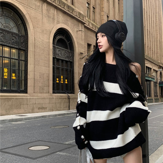 Open Shoulder Button Sleeve Detail Striped Loose Sweater (Black/White)