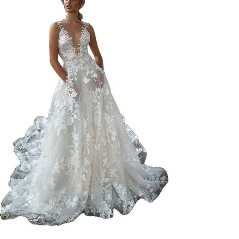 Lace Embroidered Overlay Sleeveless Bridal Gown (White)