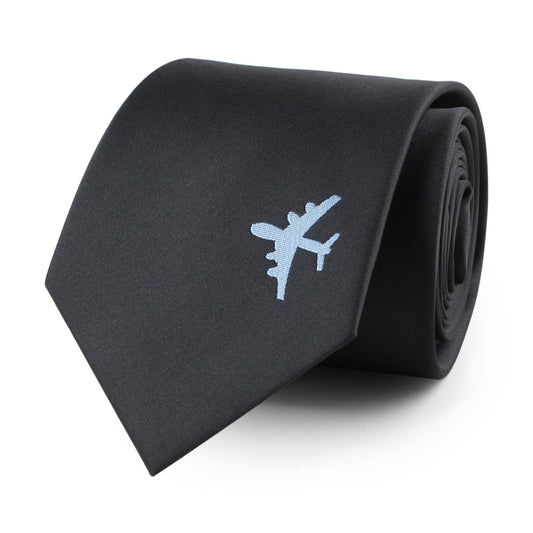 Yarn-dyed Jacquard Men's Tie w/Embroidered "Plane" Detail (Black)