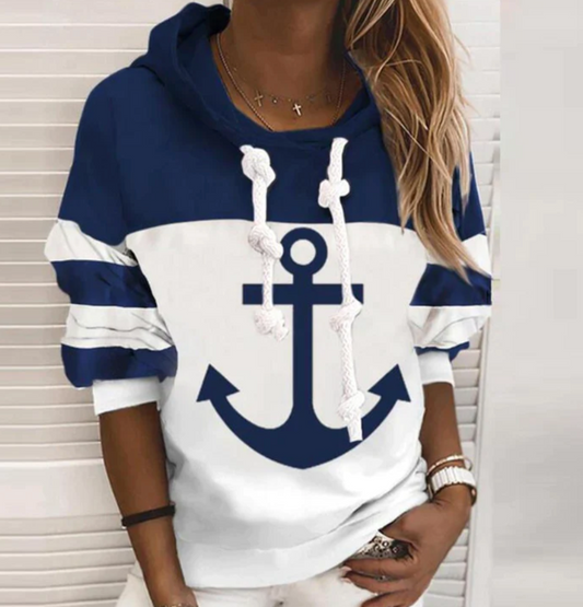 Striped Sleeve Contrast Boat Anchor Printed Hoodie (Navy/White)