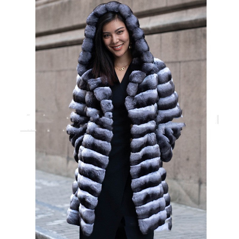 Faux Mink Mid-Length Hooded Coat (Gray/Black) Plus Sizes Available