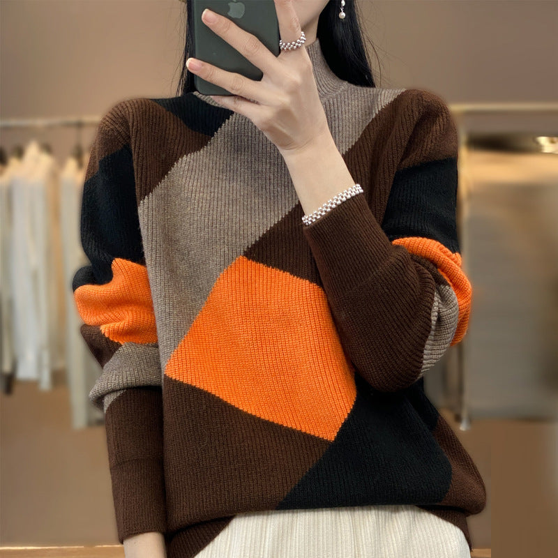 Fall Long Sleeve Half Turtleneck Loose Diamond Color Matching Knitted Sweater (Multiple Colors)