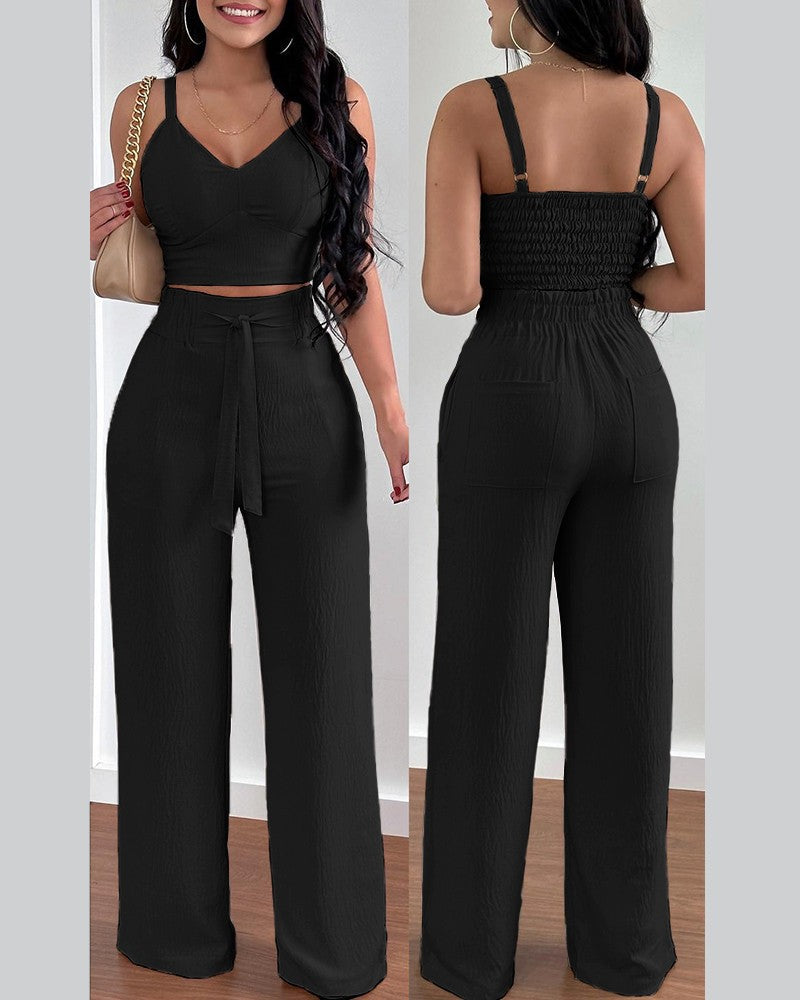 Two-piece Crop Top and High Waisted Wide Leg Pant Set (Multiple Colors/Patterns)