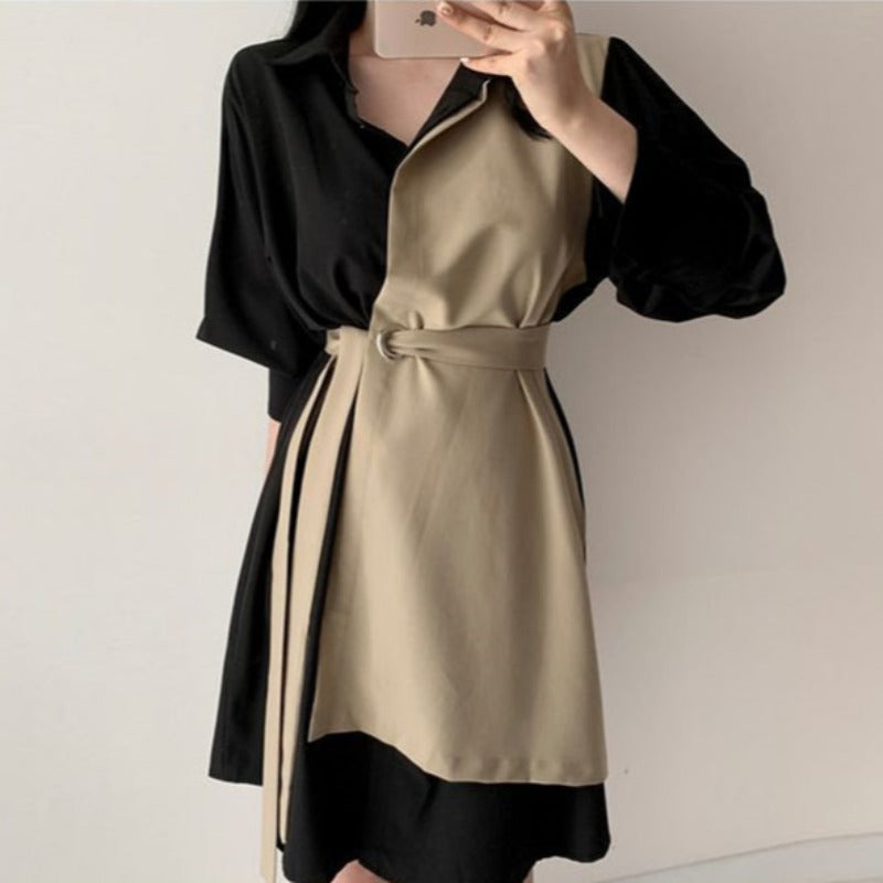 Women's Lapel w/Waist Tie Contrast Shirt Dress (Multiple Colors)