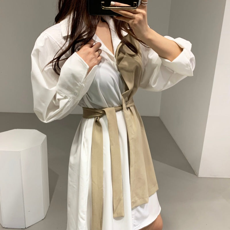 Women's Lapel w/Waist Tie Contrast Shirt Dress (Multiple Colors)